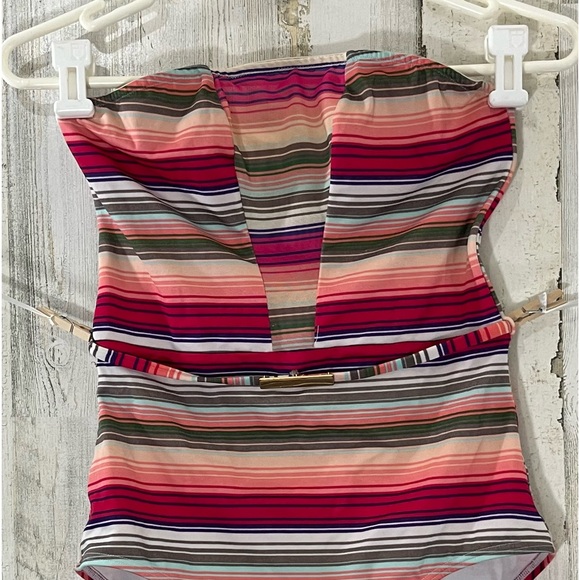 Victoria Secret One Piece Strapless Belted Swim Suit Striped Sheer panels Small - Picture 5 of 14